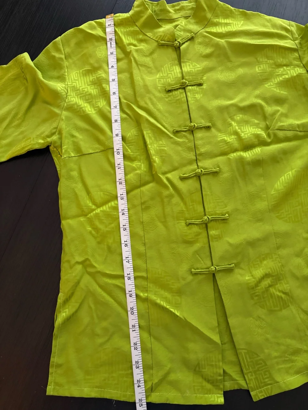 VTG Chartreuse Frog Button Jacquard Blouse Mandarin Collar Top - Picture 7 of 7